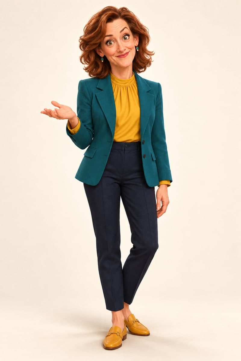 Eine fiktive Parodie-Gastgeberin mit kastanienroten Locken, petrolfarbenem Blazer und senfgelber Bluse, die verschmitzt eine Augenbraue hebt.